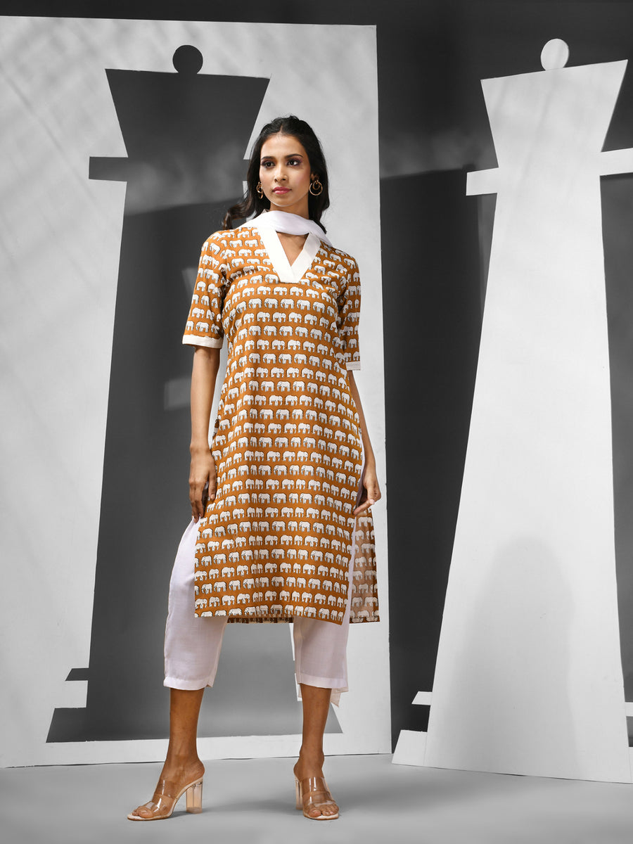 Mustard Yellow Elephant Print Cotton Night Suit main image 1