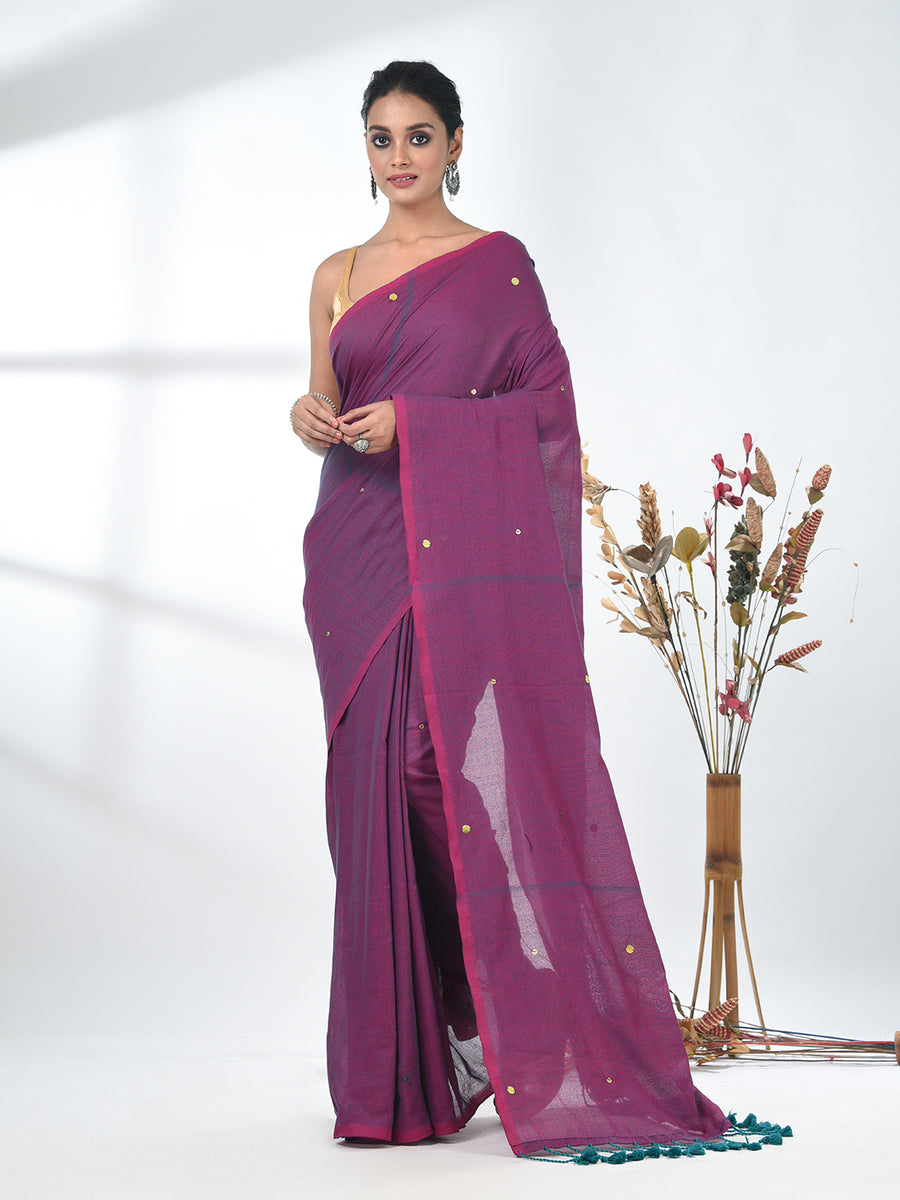 Elegant Magenta Cotton Handspun Saree with Sequin Embellishments and P – Charukriti
