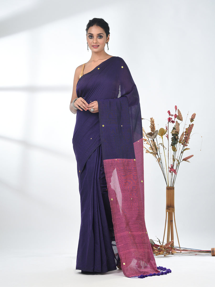 Purple Sequin-Detail Plain Saree with Pi...