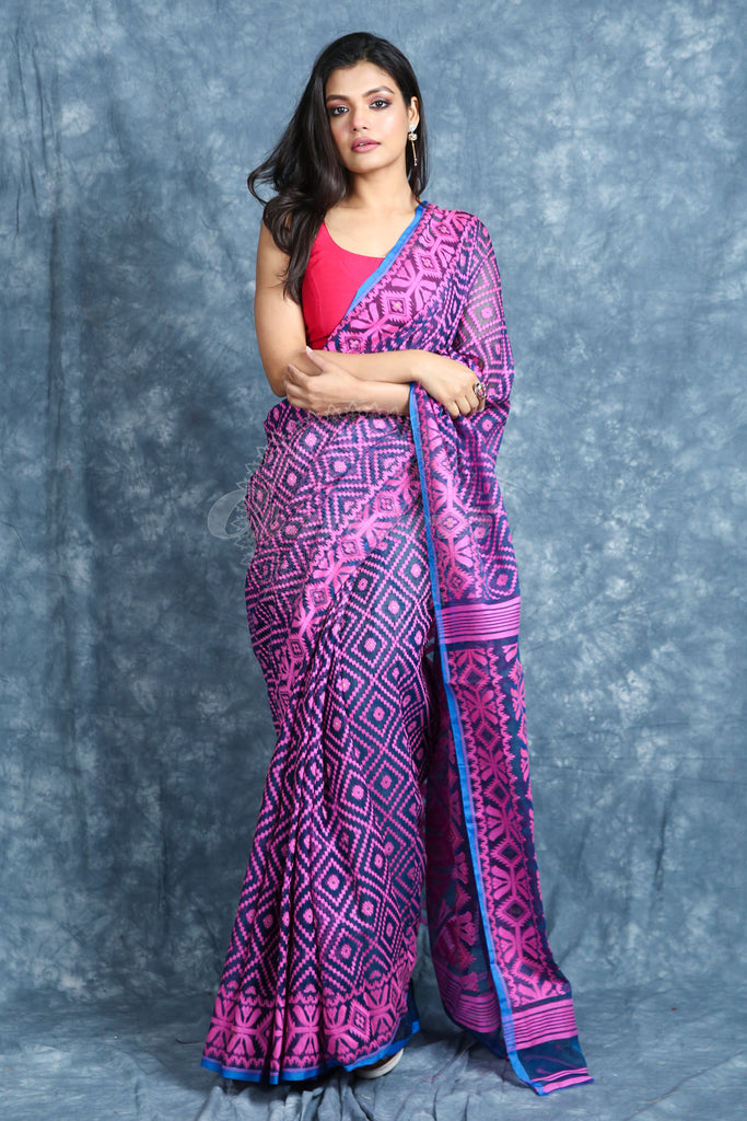 Pink Checkered Weaving Navy Blue Jamdani Saree freeshipping - Charukriti