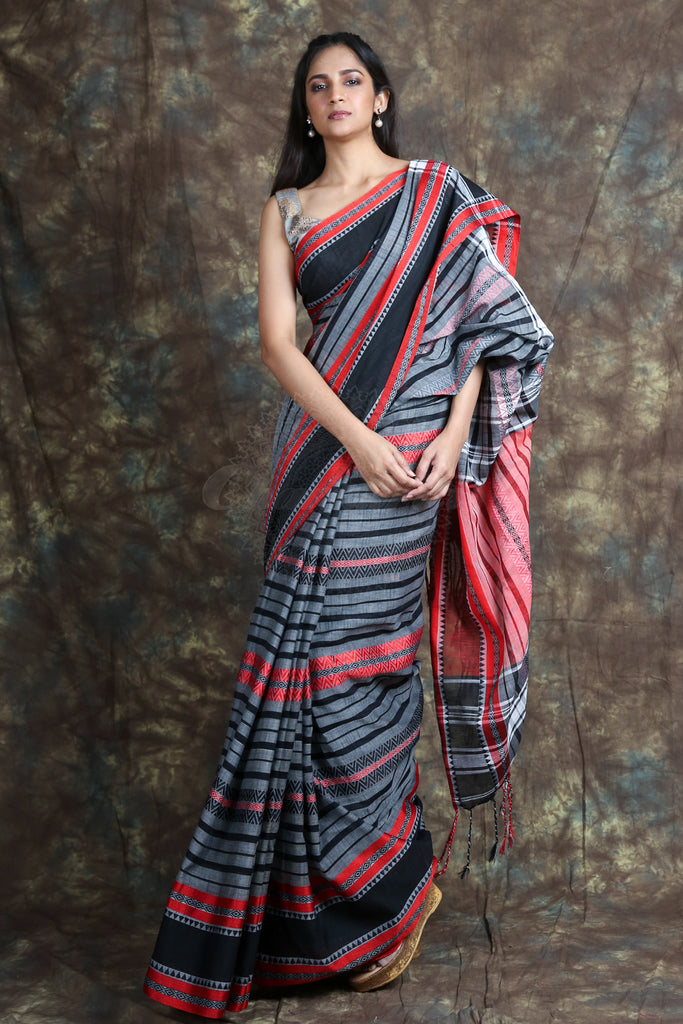Allover Weaving Stripe Grey Handloom Saree freeshipping - Charukriti