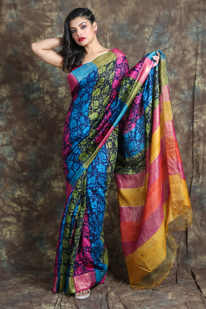 Multicolour Floral Printed Tussar Silk Saree - Charukriti.co.in