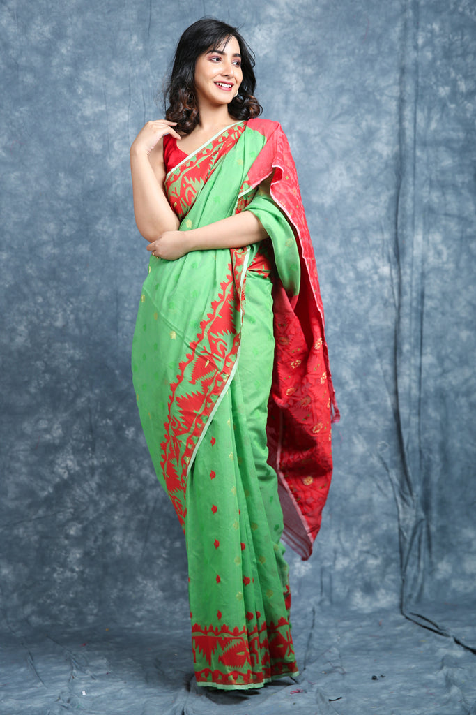 Allover Butta Weaving Green Jamdani Saree freeshipping - Charukriti