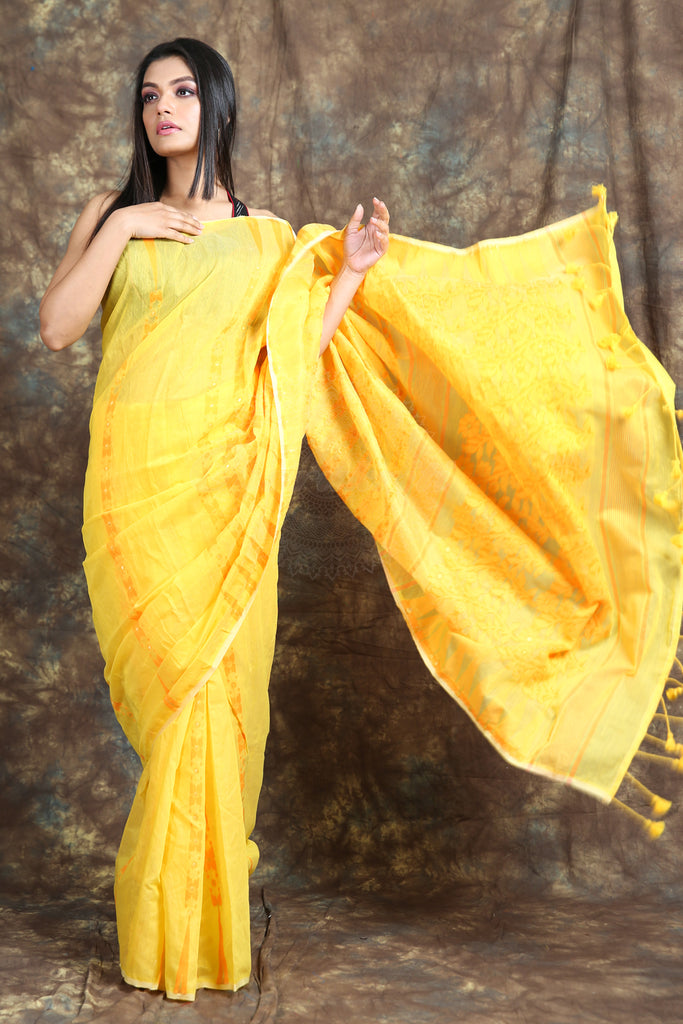 Yellow Jamdani With Thread Weaving Saree And Jhumka Pompom freeshipping - Charukriti