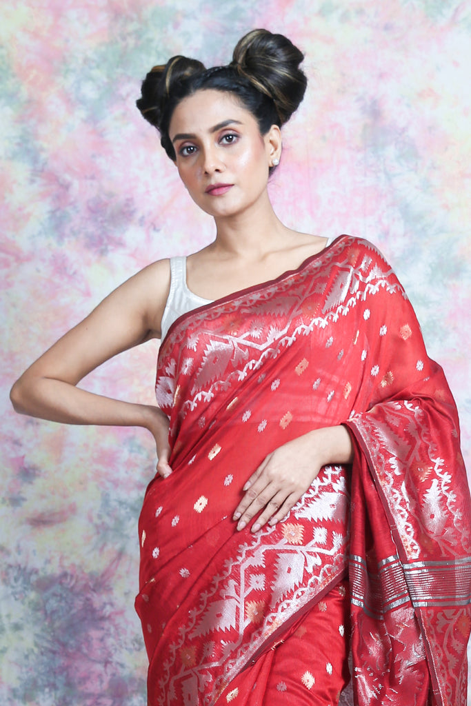 Allover butta Weaving Red Jamdani Saree freeshipping - Charukriti