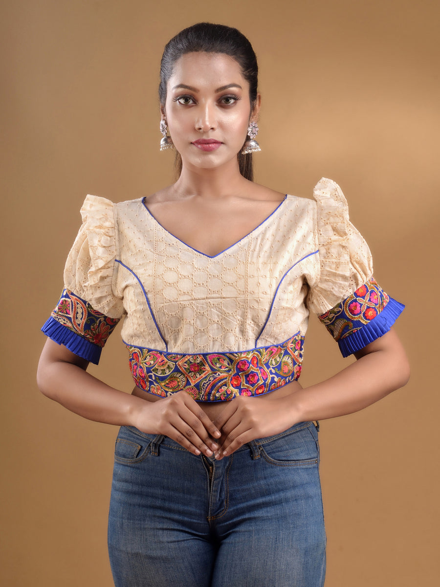 Off White And Blue Hakoba Cotton Blouse With Floral Embroidery And