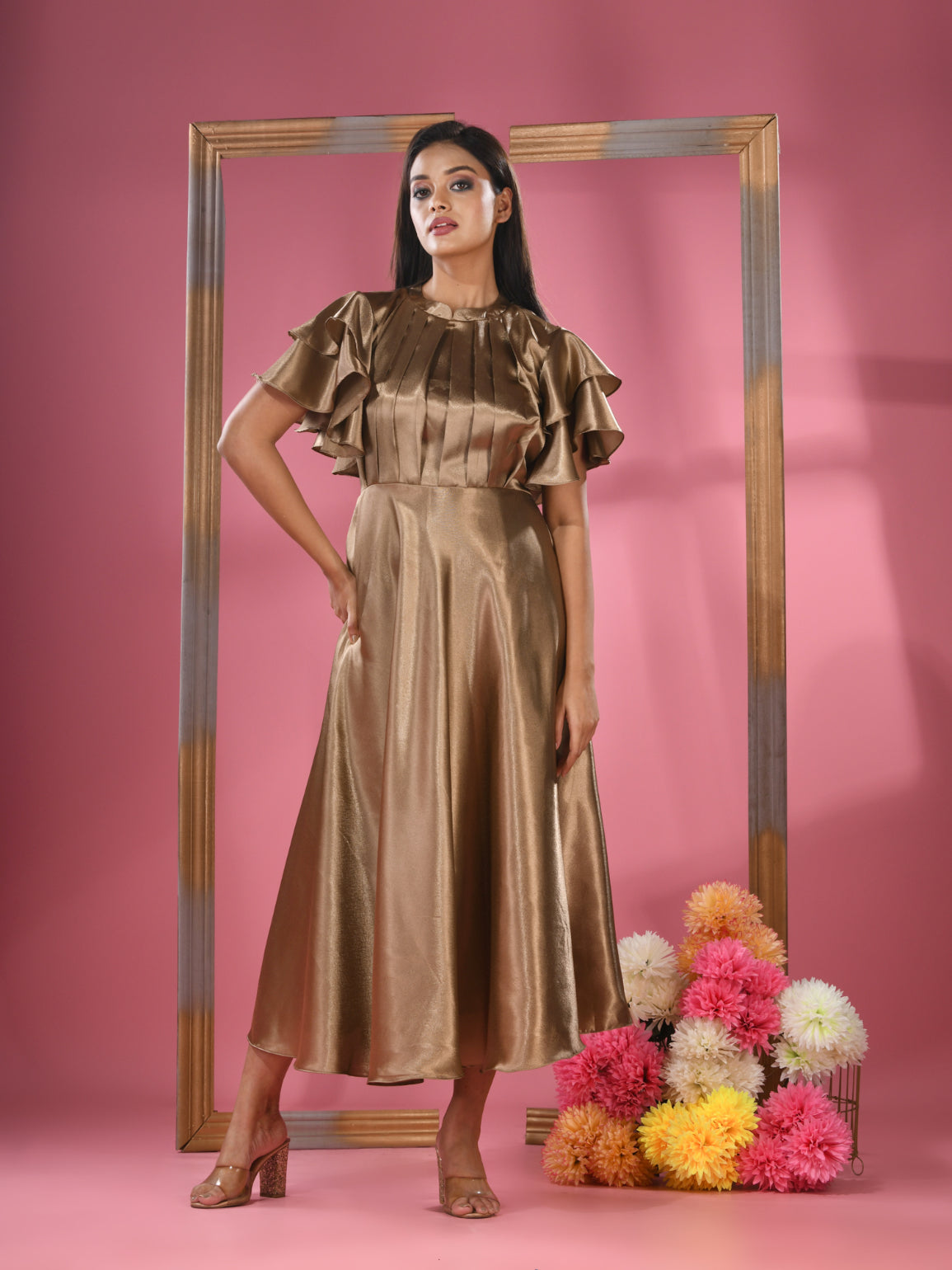 Dark Beige Satin Midi Dress With Ruffle Sleeves – Charukriti