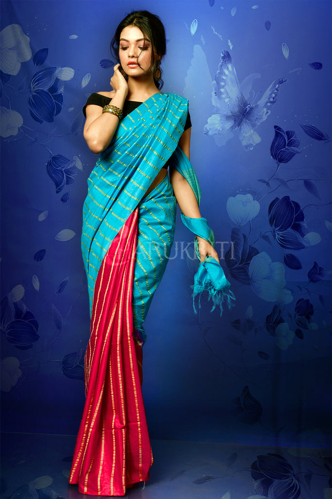 SKY BLUE AND MAJENTA BLENDED COTTON WITH GHICHA STRIPES AND PALLU freeshipping - Charukriti