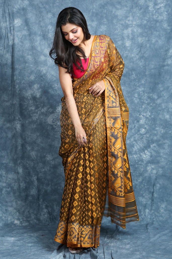 Olive Jamdani Saree With Allover Weaving freeshipping - Charukriti