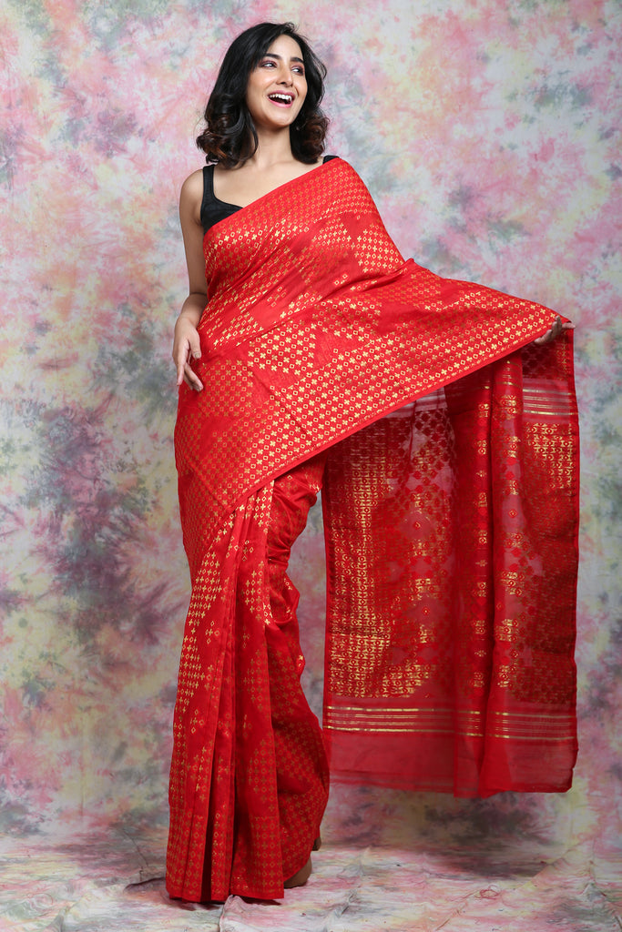 Geometrics Weaving Red Jamdani Saree freeshipping - Charukriti