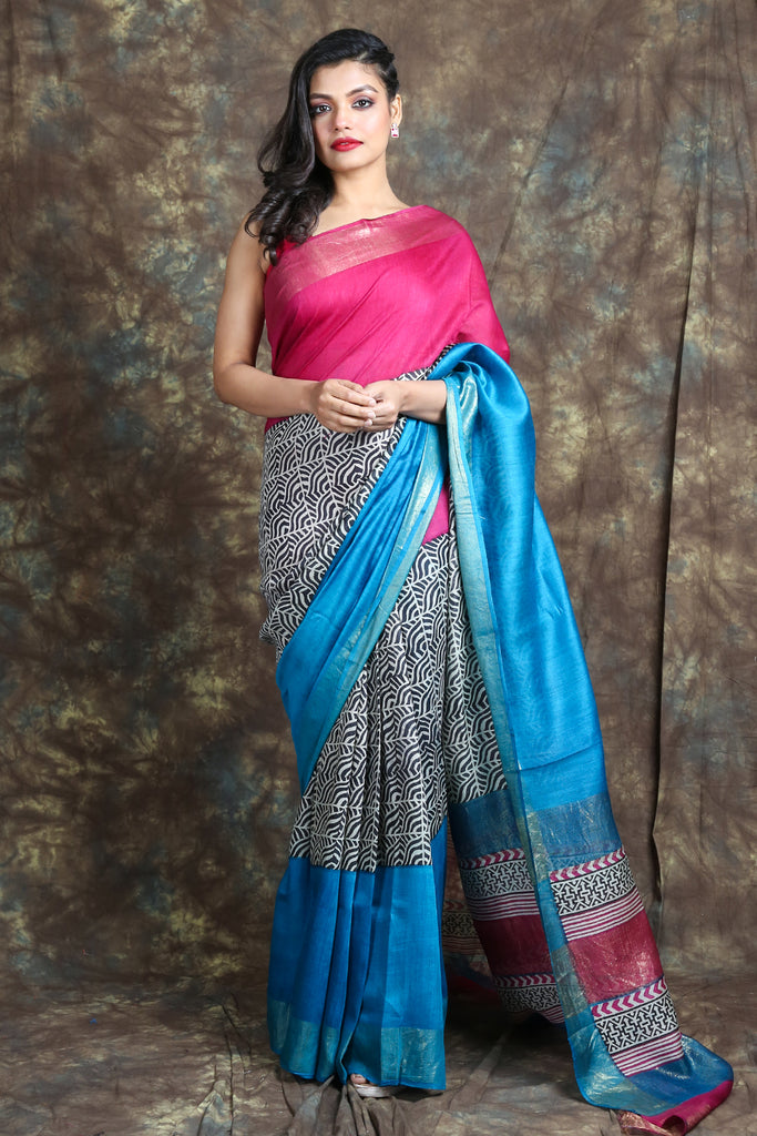Multicolor Printed Tussar Silk Saree - Charukriti.co.in