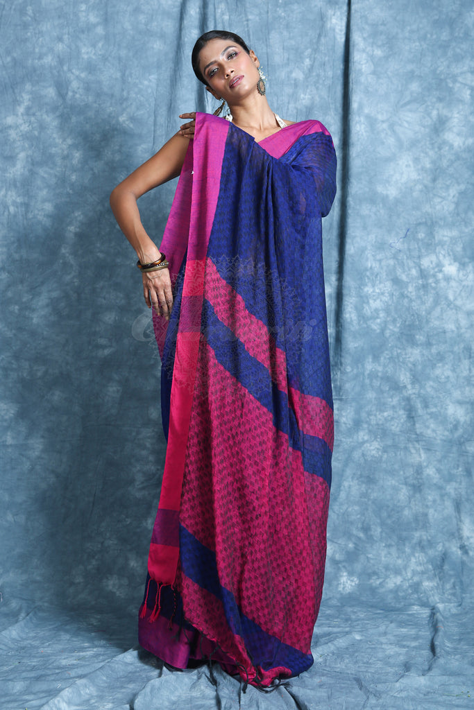 Blue Handloom Saree with Allover Texture Weaving freeshipping - Charukriti