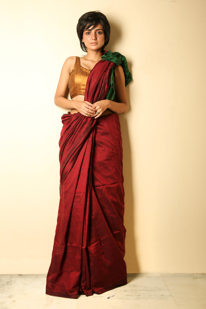 Dark Red Khadi Cotton Saree With Green Pallu freeshipping - Charukriti
