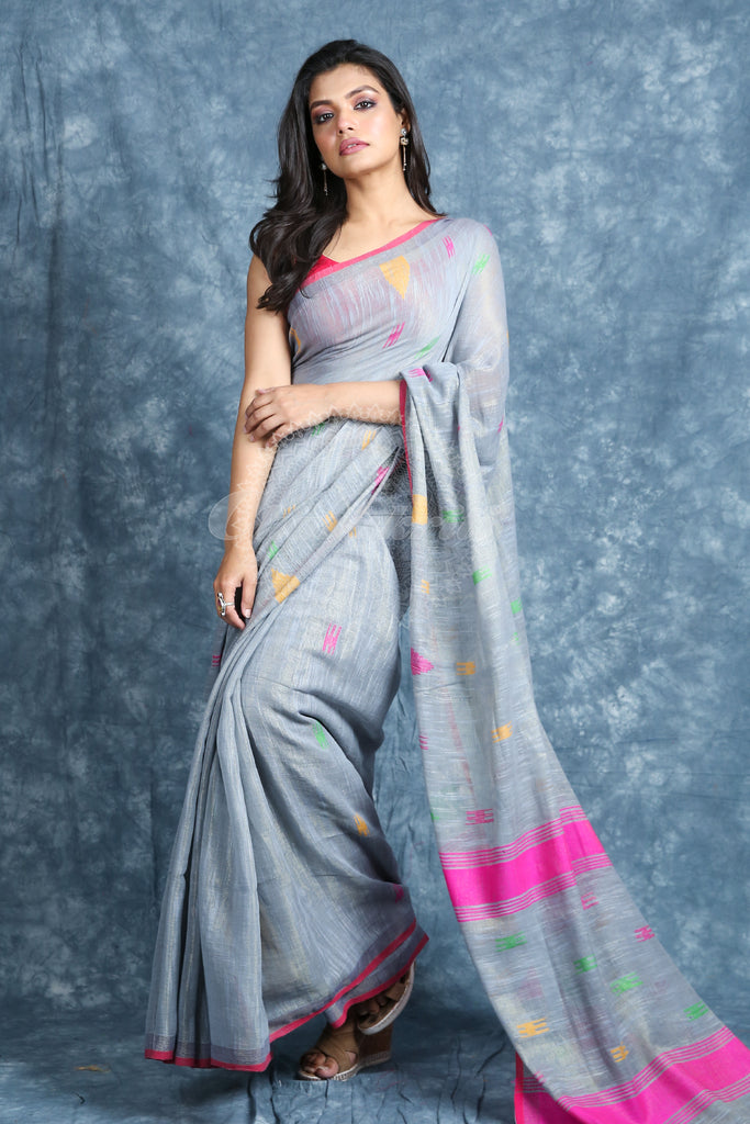 Steel Grey Handloom Saree With Temple Design freeshipping - Charukriti