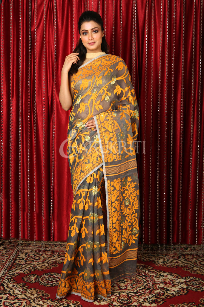 Grey Jamdani Saree With Yellow Thread Weaving freeshipping - Charukriti
