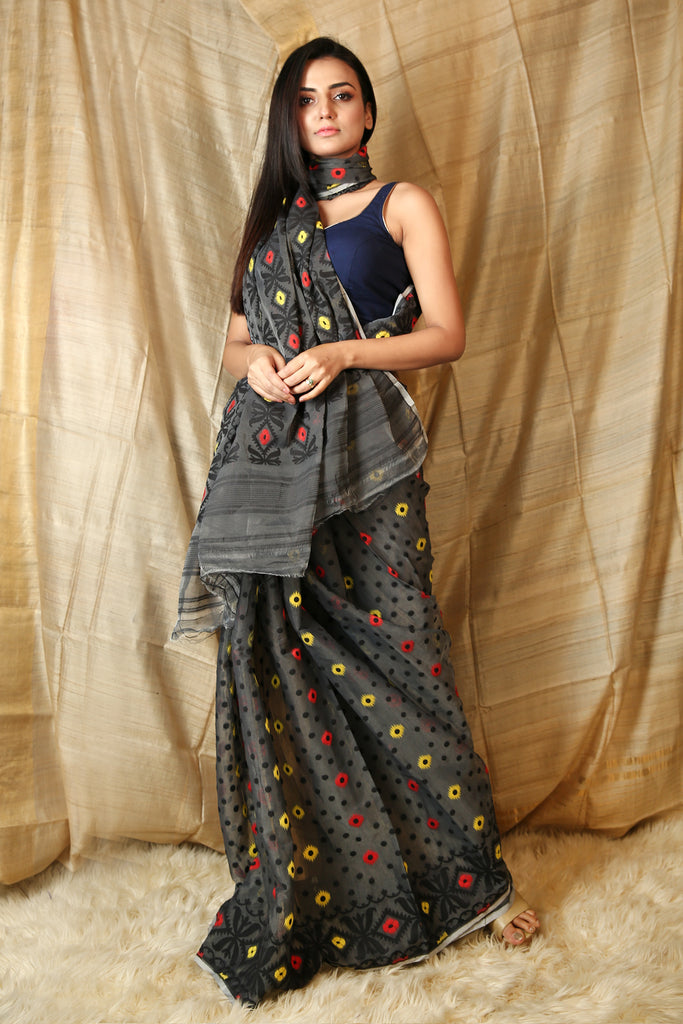 Grey Jamdani Saree With All Over Multicolor Weaving freeshipping - Charukriti
