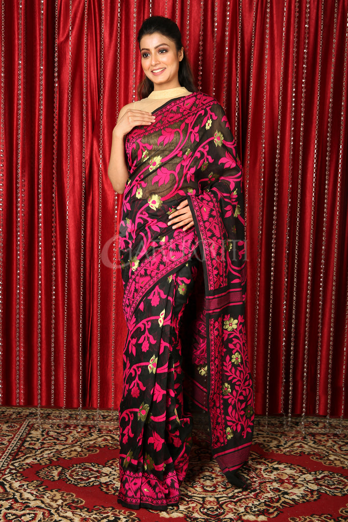 Black Jamdani Saree With Pink Thread Weaving freeshipping - Charukriti