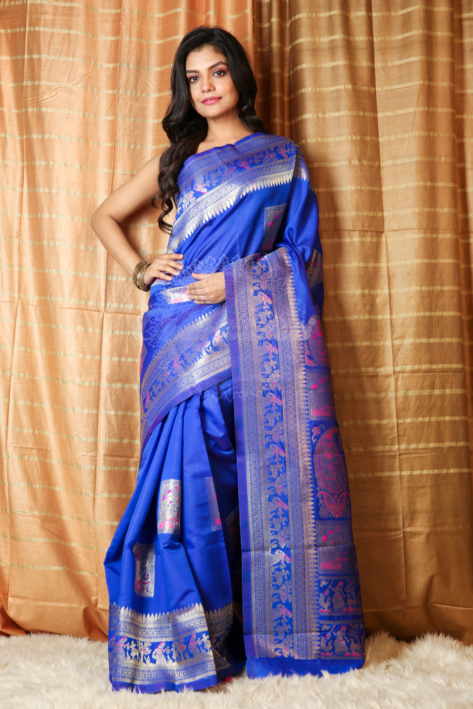 Royal Blue Silk with Rich Border And Pallu freeshipping - Charukriti