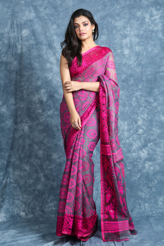 Grey & Pink Jamdani Saree With Allover Weaving freeshipping - Charukriti