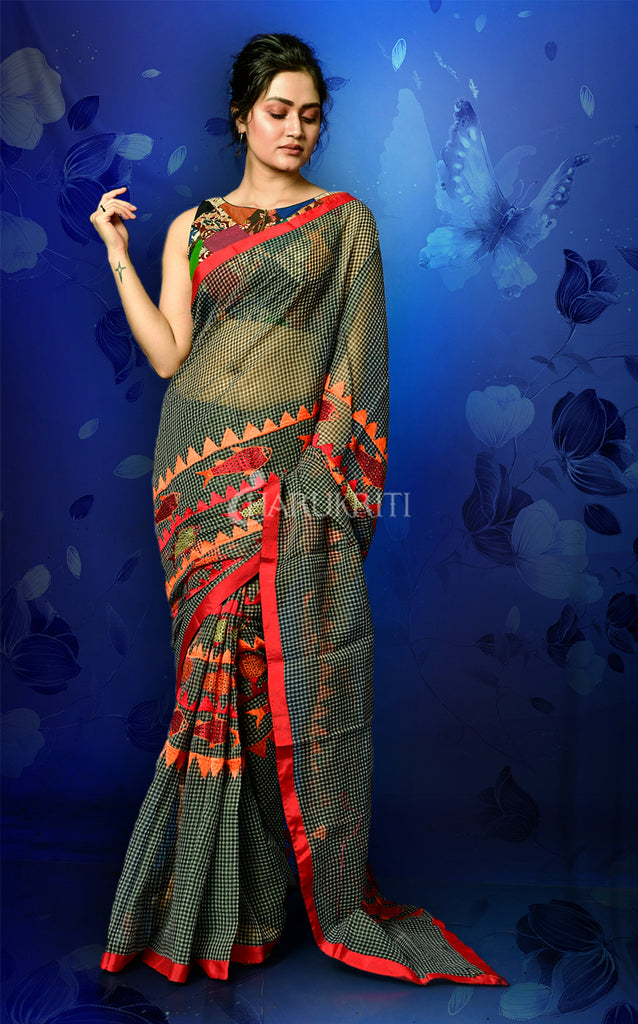 BLACK AND RED RESHAM CHECK WITH WORK IN MIDDLE AND PALLU freeshipping - Charukriti