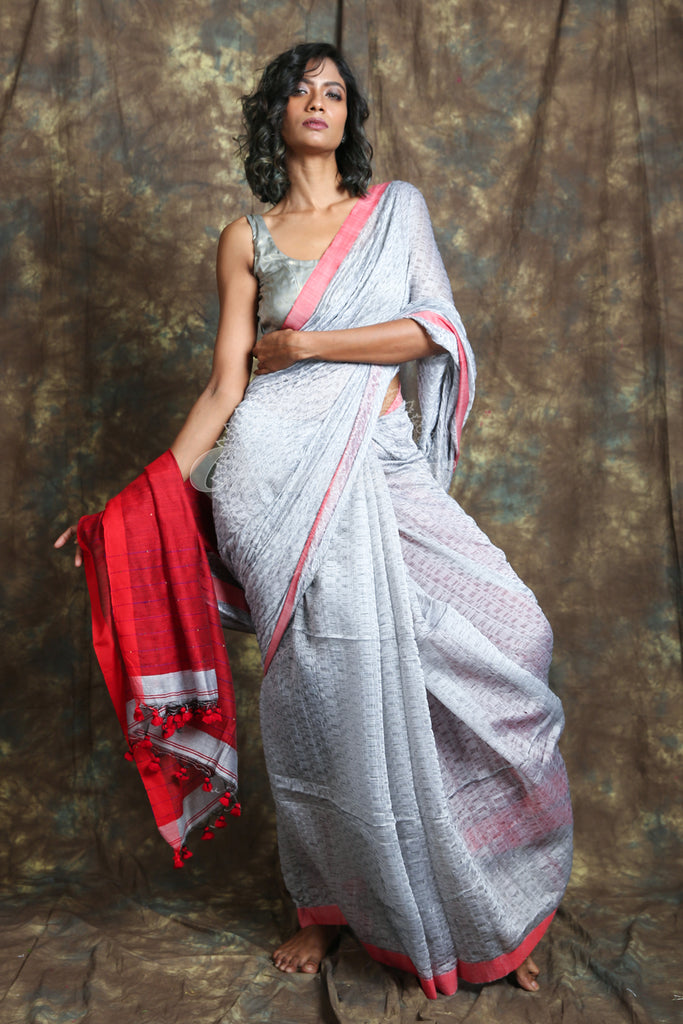 Steel Grey Allover Texture Weaving Handloom Saree freeshipping - Charukriti