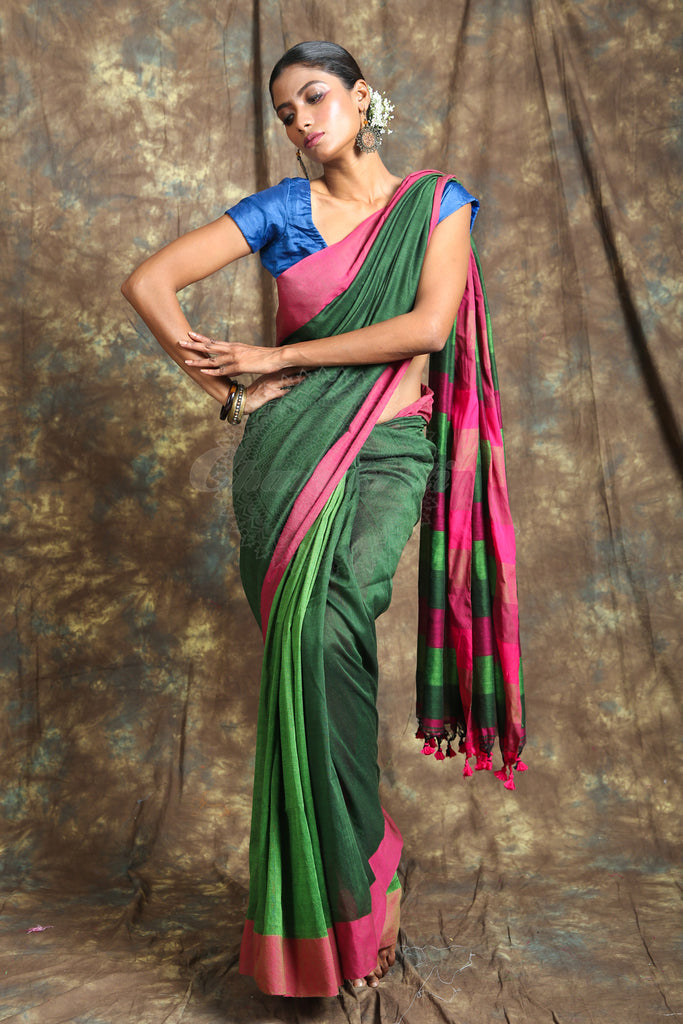 Green Patli Pallu Style Handloom saree with Pink Border freeshipping - Charukriti