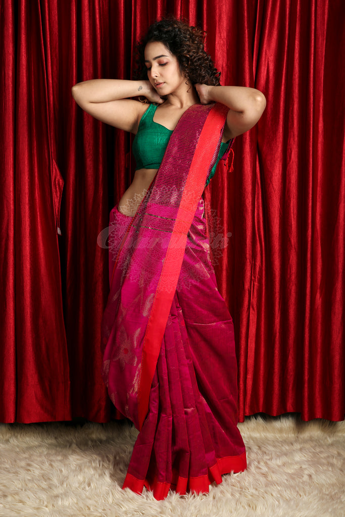 Dark Magenta Handloom Saree With All Over Zari Weaving freeshipping - Charukriti