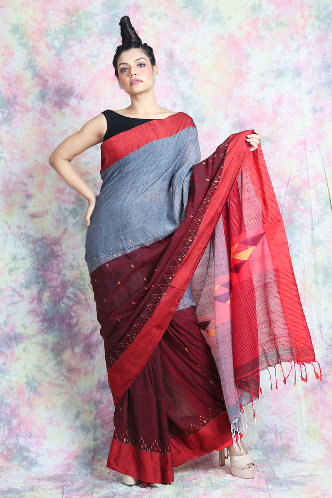 Grey & Maroon Cotton Saree With Geometrics Pallu freeshipping - Charukriti
