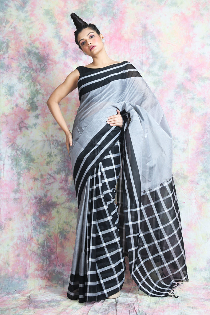Grey & Black Checks Design Patli Pallu Handloom Saree freeshipping - Charukriti