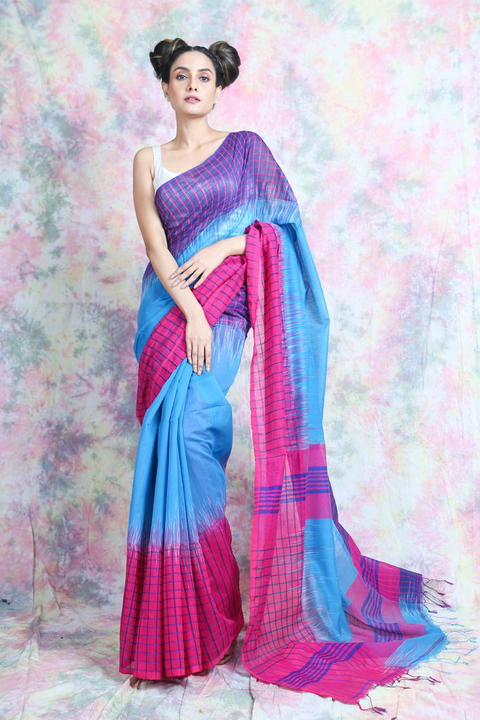 Sky BLue Ikkat Style Handloom Saree With Check Border freeshipping - Charukriti