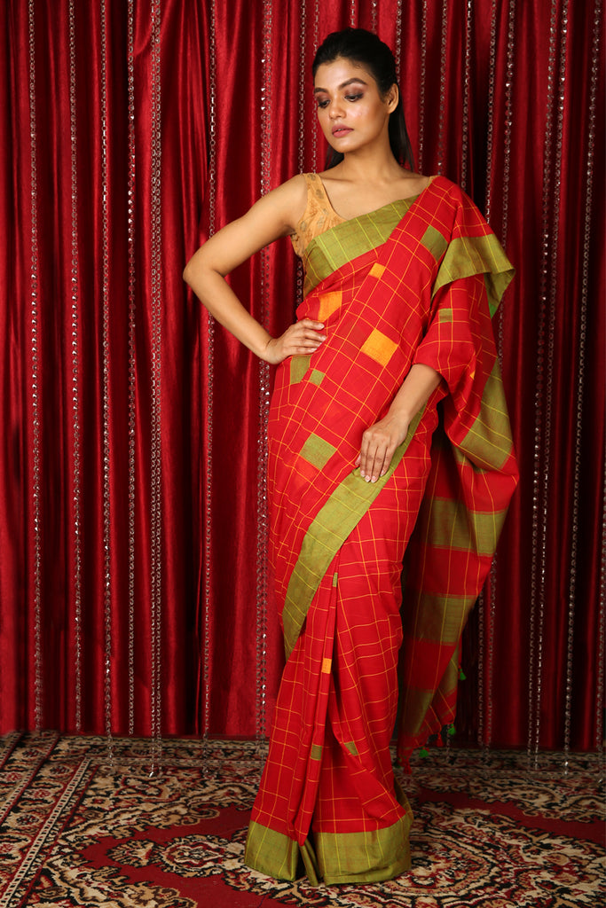 Red Box Weaving Design Handloom Saree freeshipping - Charukriti