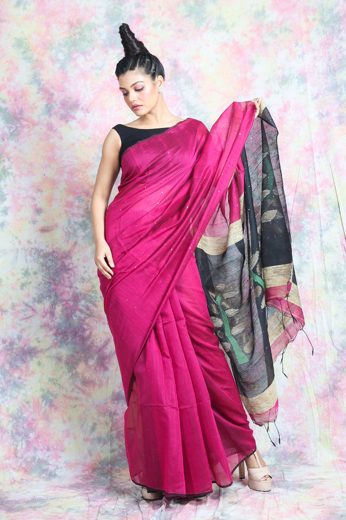 Deep Pink Sequine Saree With Rich Pallu freeshipping - Charukriti