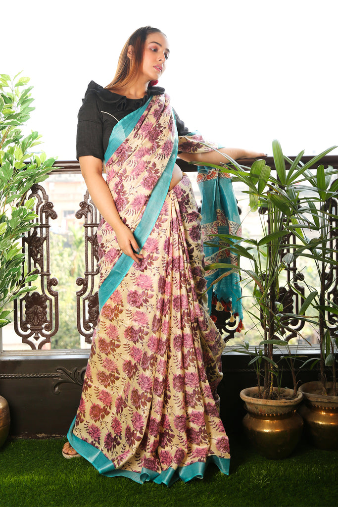 Off-white Floral Printed Blended Linen Saree With Sky Blue Zari Border And Pallu freeshipping - Charukriti