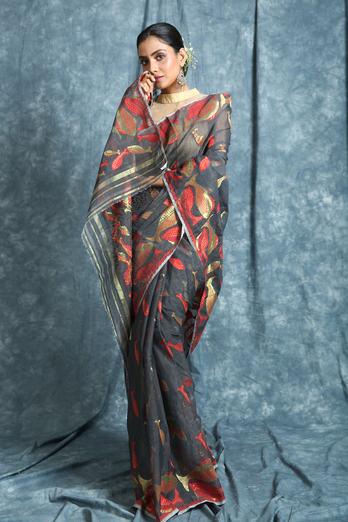 The Dark Grey Color Saree Is Crafted With Red & Golden Zari Fish Motif Work All Over The Body And Pallu - Charukriti.co.in