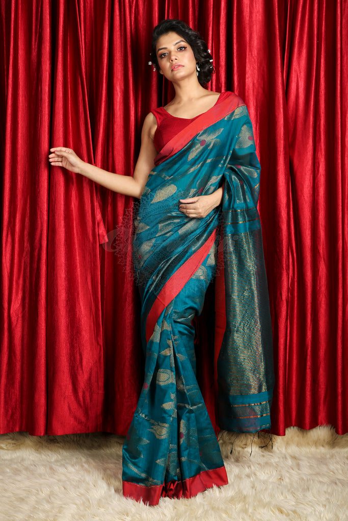 Sapphire Blue  Handloom Saree With All Over Zari Weaving freeshipping - Charukriti