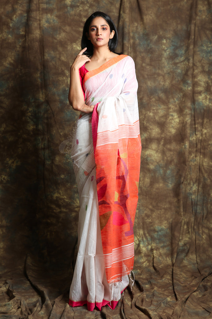 White Handloom Saree With Orange Pallu freeshipping - Charukriti