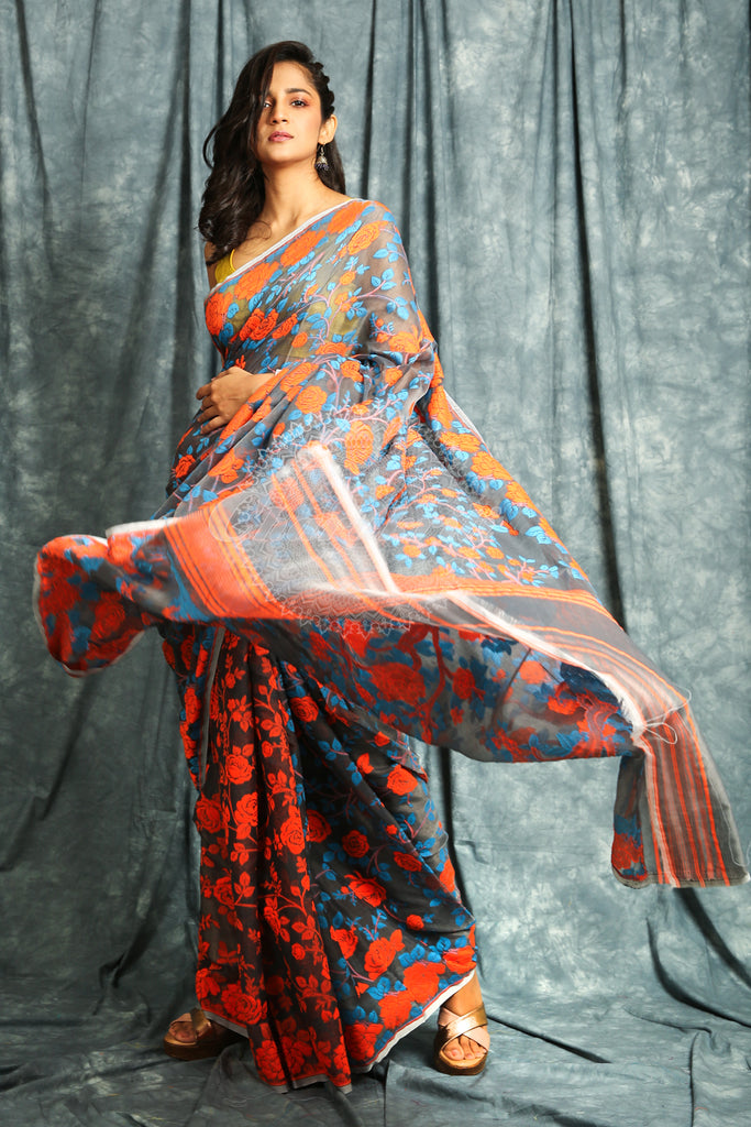 Grey Jamdani Saree with Allover Floral Weaving freeshipping - Charukriti