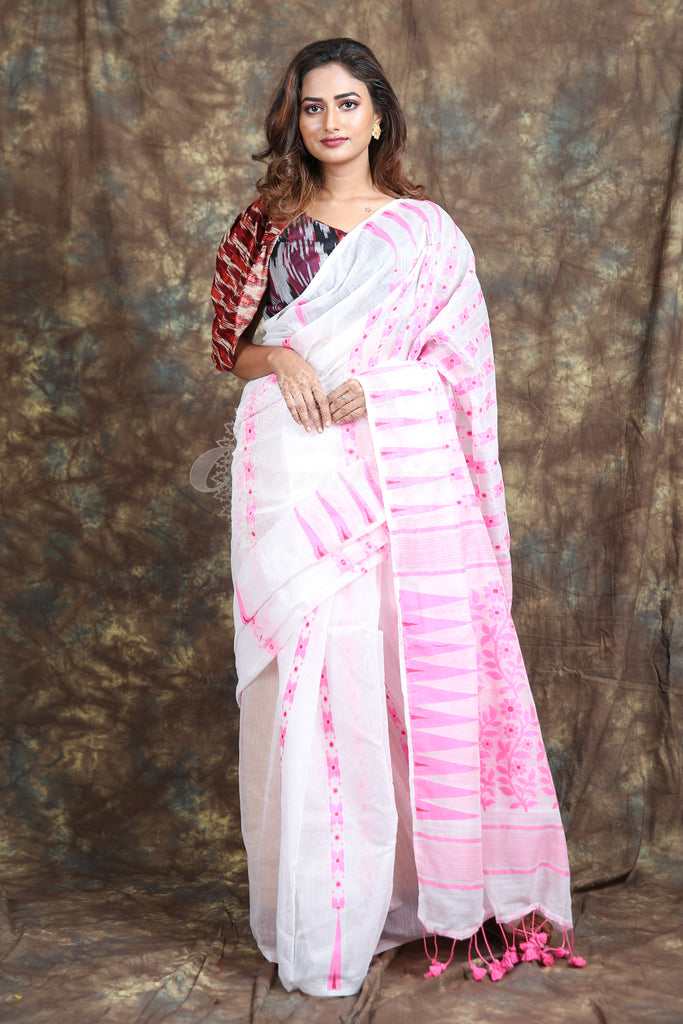 White Jamdani With Pink Thread Weaving Saree And Jhumka Pompom freeshipping - Charukriti