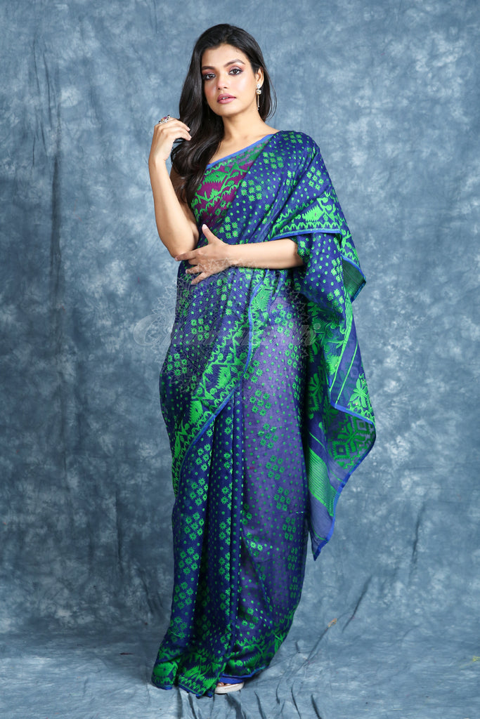 Blue Jamdani Saree With Allover Buta Weaving freeshipping - Charukriti