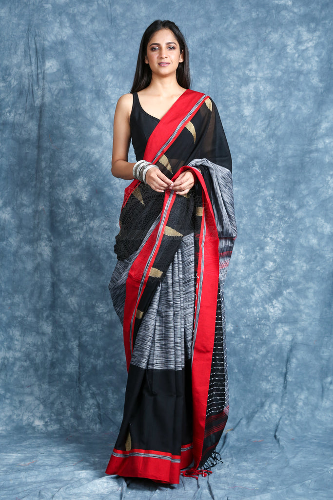 Temple Design Black and Grey Handloom Saree freeshipping - Charukriti