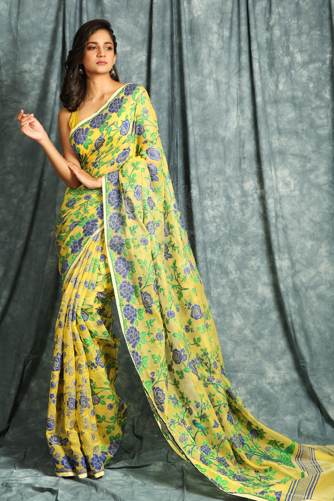 Yellow Jamdani Saree with Allover Floral Weaving freeshipping - Charukriti
