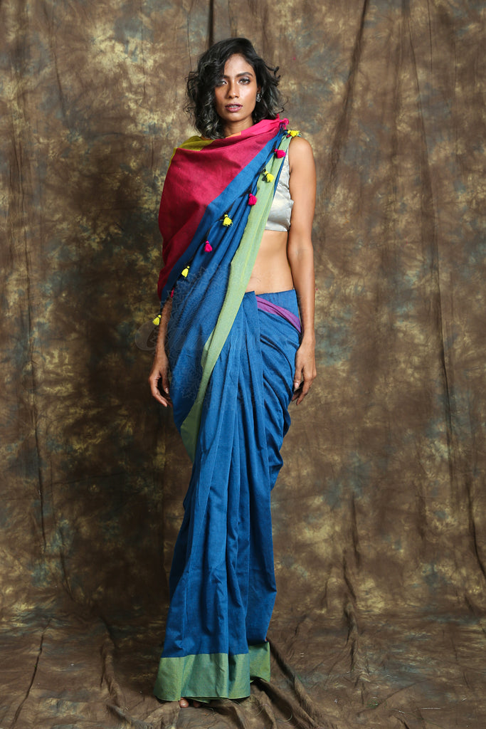 Blue Cotton Handloom Saree With Pompom freeshipping - Charukriti