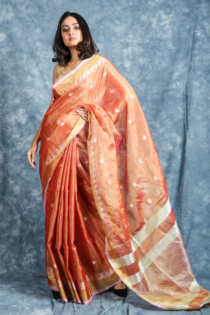Orange Tissue With Broad Zari Border freeshipping - Charukriti