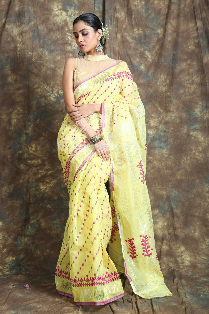 Allover Rich Weaving Yellow Jamdani Saree freeshipping - Charukriti