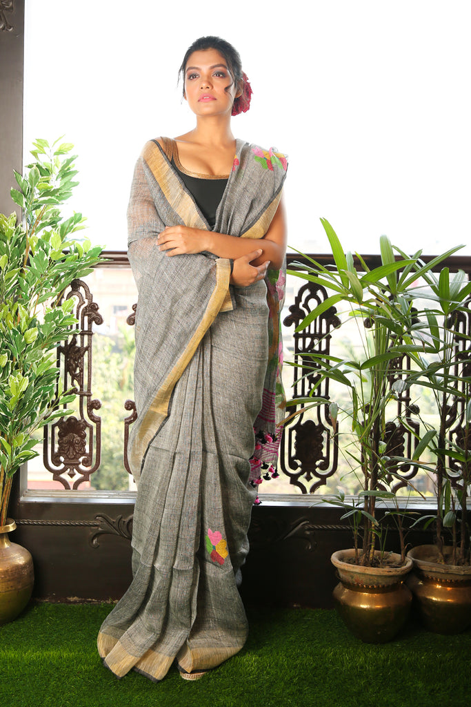 Grey Pure Linen Saree With Zari Border And Floral Weaved Pallu freeshipping - Charukriti