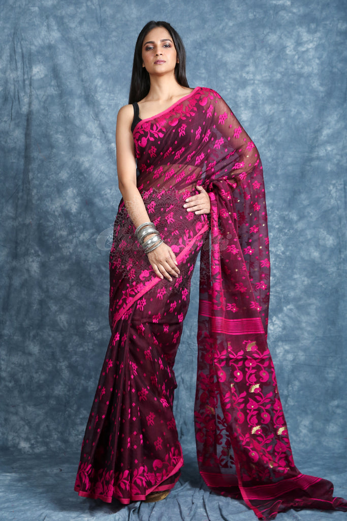 Floral Weaving Wine Jamdani Saree freeshipping - Charukriti