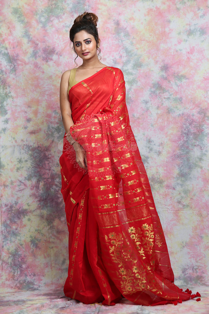 Red Jamdani With Zari Thread Weaving Saree And Jhumka Pompom freeshipping - Charukriti