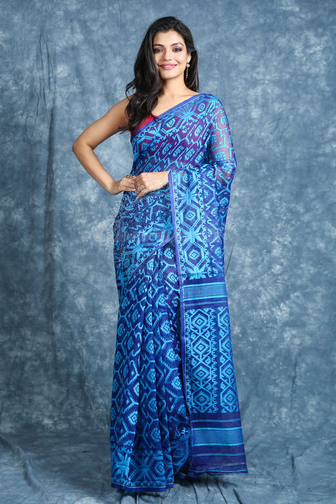 Blue Jamdani Saree With Allover Weaving freeshipping - Charukriti