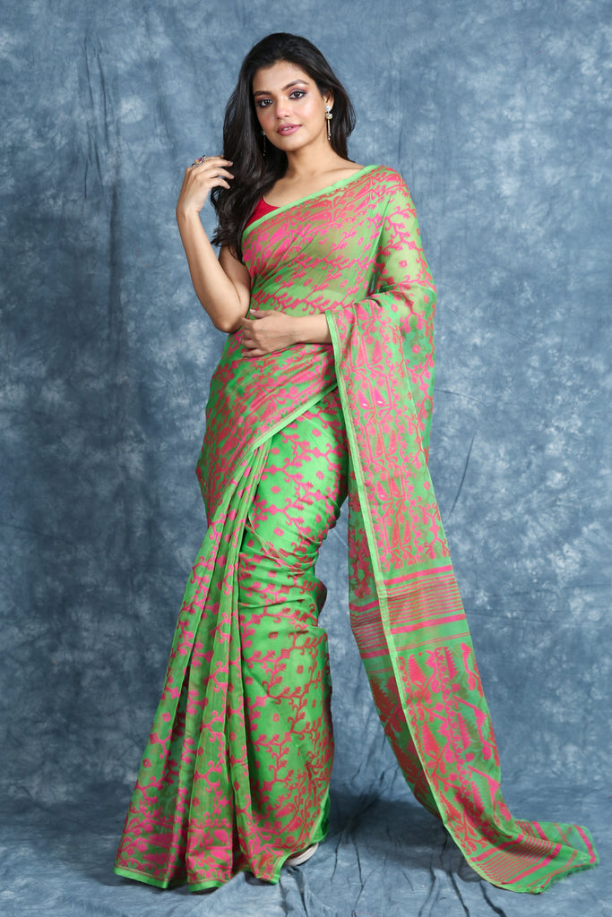 Green Jamdani Saree With Allover Weaving - Charukriti.co.in