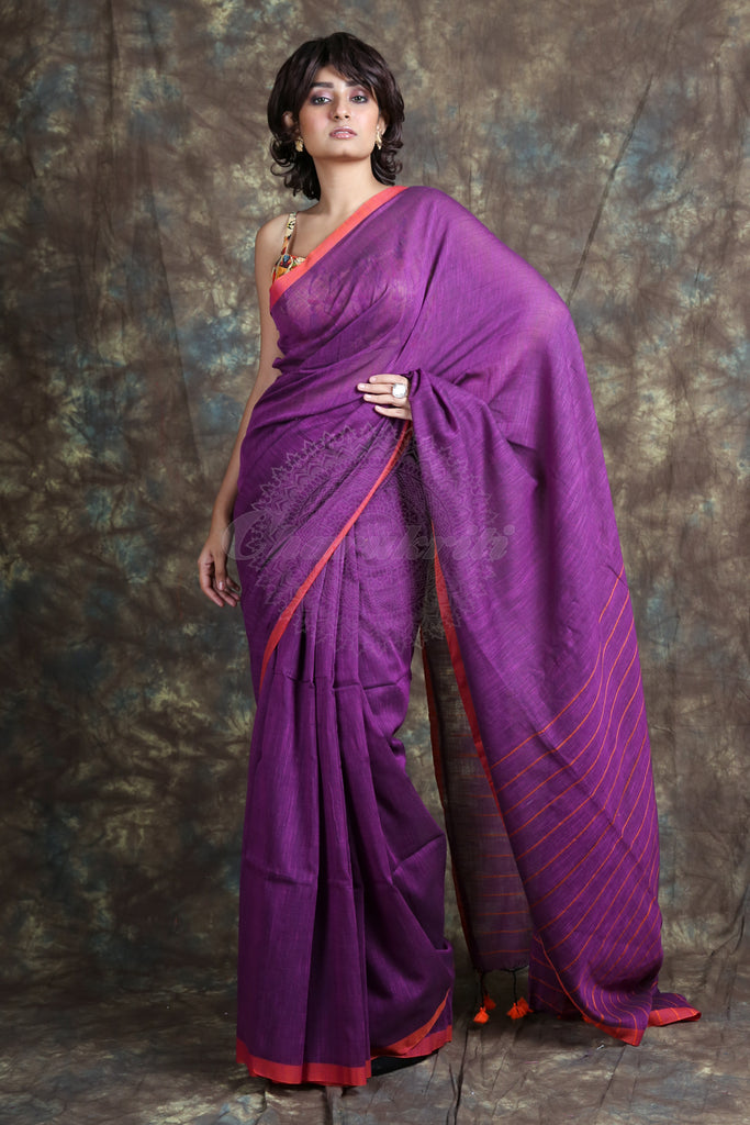 Purple Cotton Handloom Saree freeshipping - Charukriti